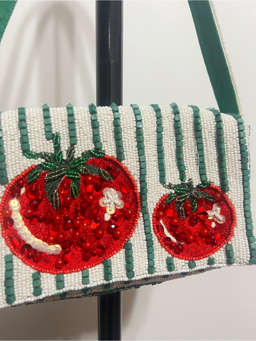 Beaded Tomato Stripe Shoulder Bag in Green and White - Picture 2 of 5